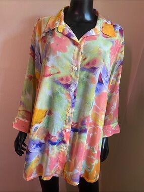 Kim Rogers Sheer Multicolor Colorful Watercolor Floral Blouse